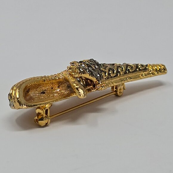 Vintage Gold Tone Rhinestone High Heel Shoe Brooch Baroque Victorian Slipper Pin - Picture 10 of 14